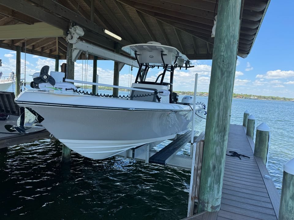 Center console on a bayside lift after an Ace detail