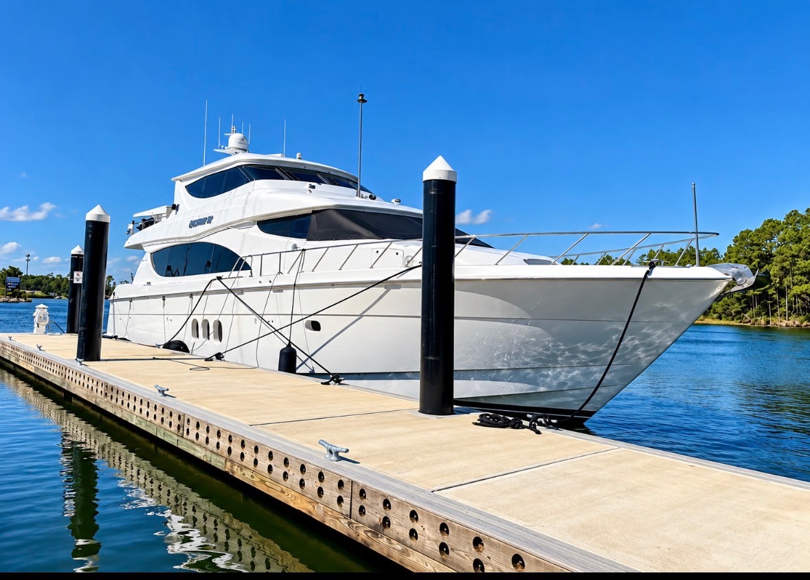 White yacht freshly detailed at a Gulf Coast dock