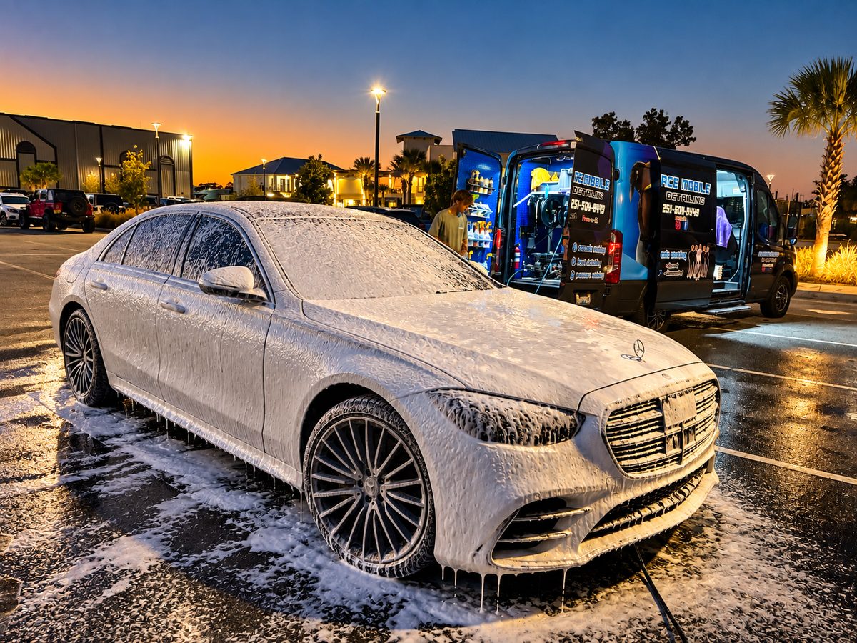 Mercedes-Benz sedan wrapped in snow foam during an Ace mobile detail