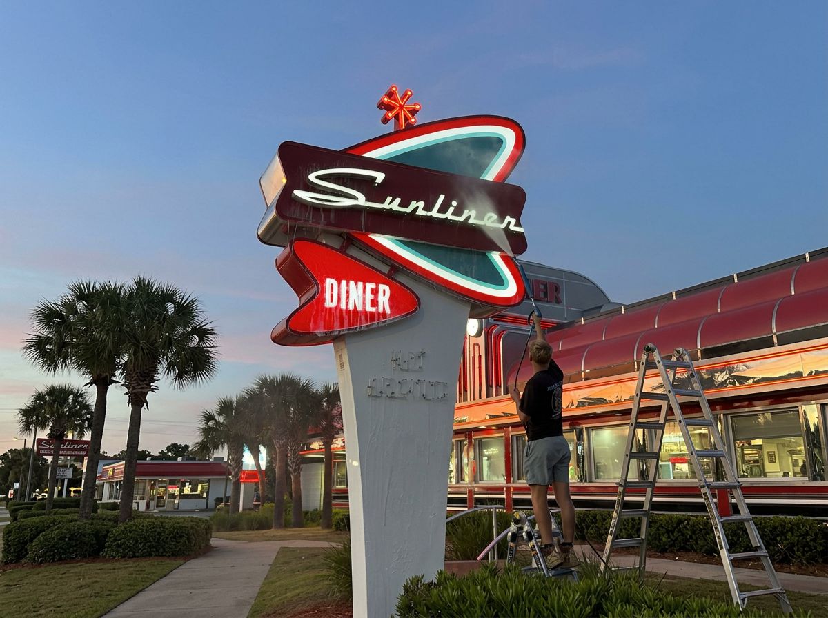 Ace crew member pressure washing the Sunliner Diner sign on the Gulf Coast